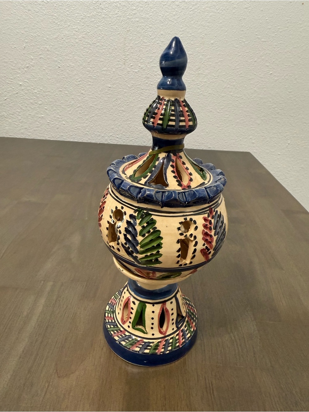 Vintage Tunisian ceramic lantern candle holder, hand painted moorish style boho
